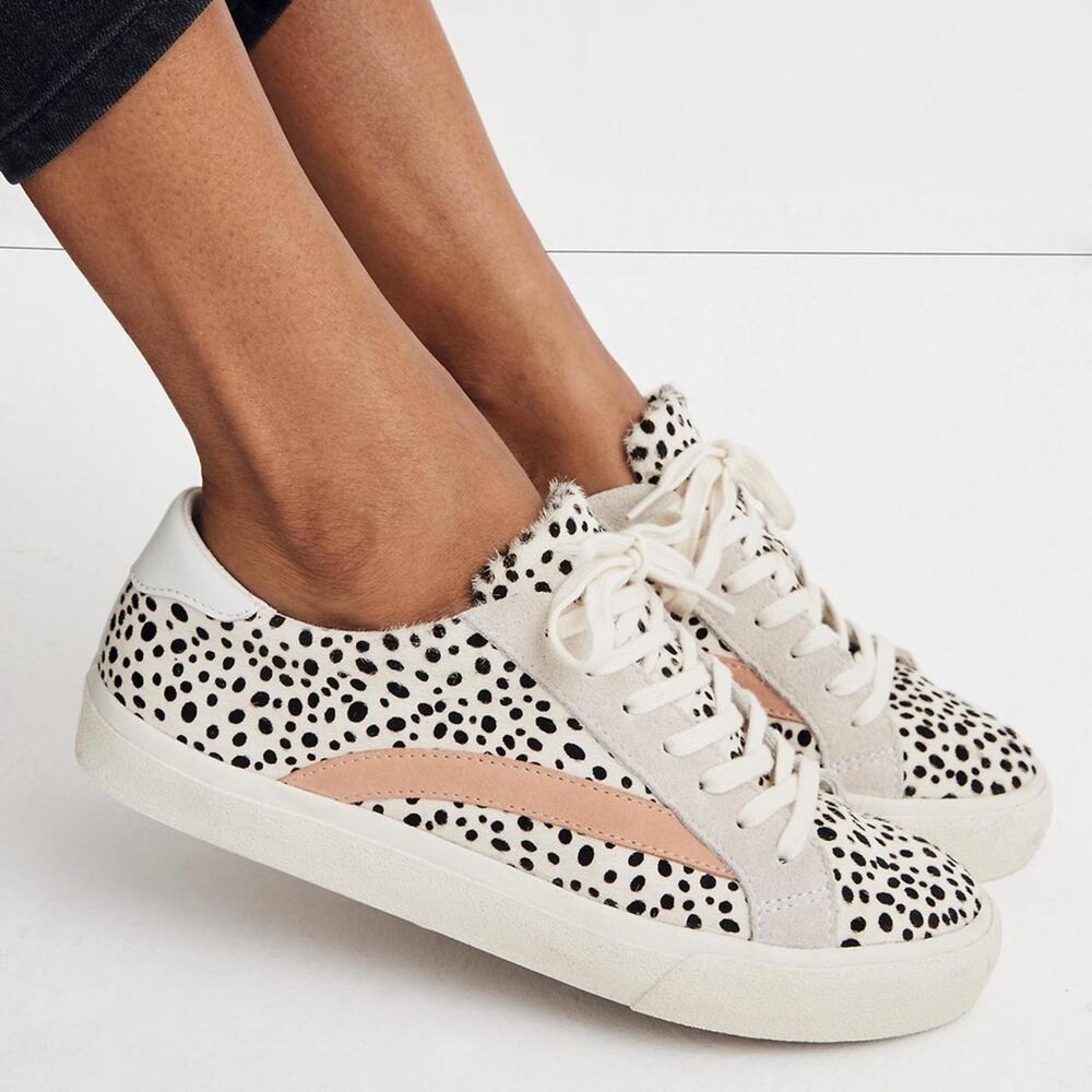 Madewell Sidewalk Low-Top In White Spot Dot Calf Hair & Pink Size 7.5 Preppy Fun